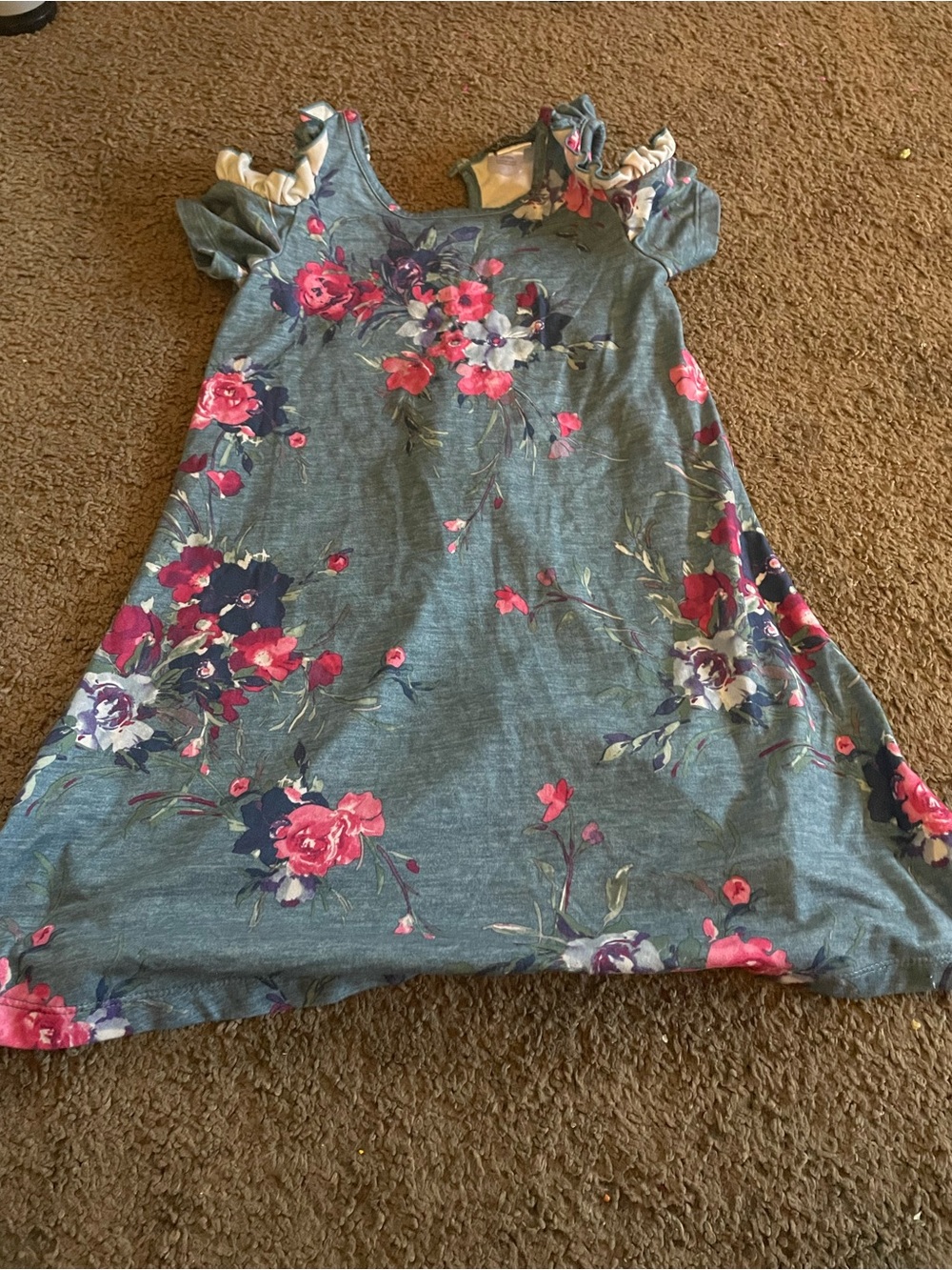 Little Girls' Blue Floral Cold-Shoulder A-Line Dress